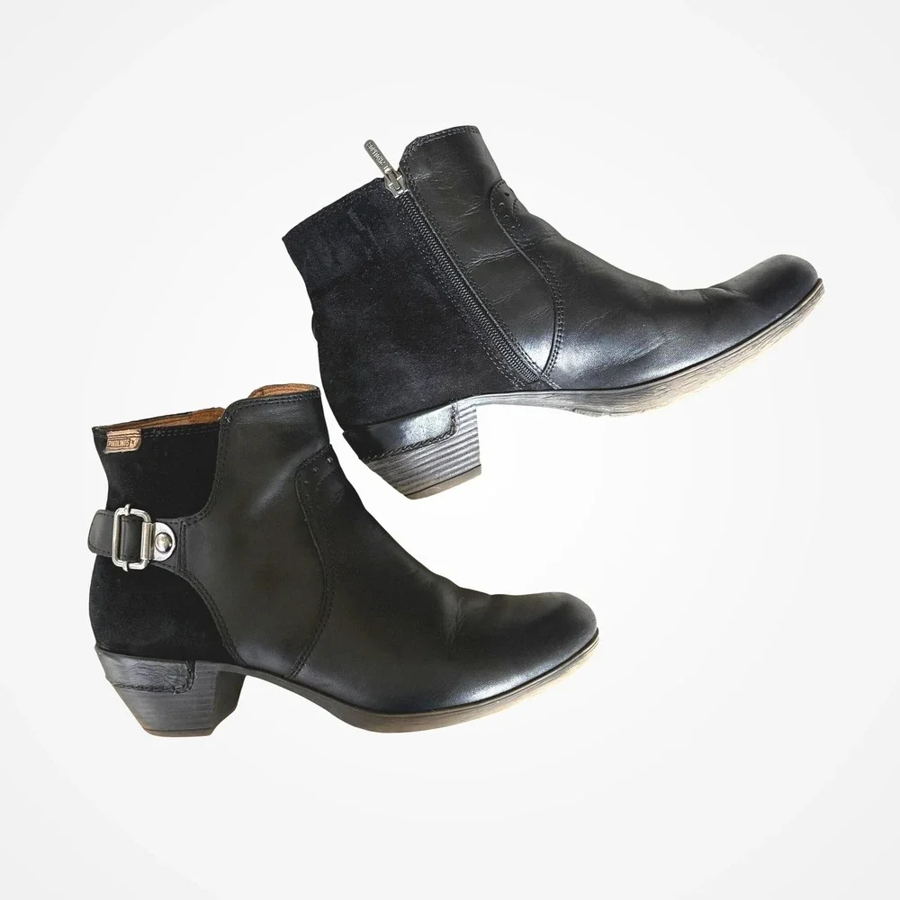 Pikolinos Black Leather Suede Ankle Boots Zip Buckle 40 US 9/9.5 Comfort Moto